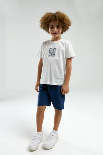 Arnetta 3304 Erkek Çocuk Beyaz Kısa Kollu Şortlu Bermuda Pijama Takım