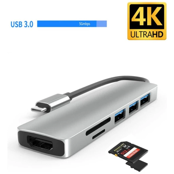 DAYTONA HC-13 6'lı USB Type-C DOCKING STATION (Giriş: USB Tip-C => 3*USB3.0+HDMI+SD+Micro SD)