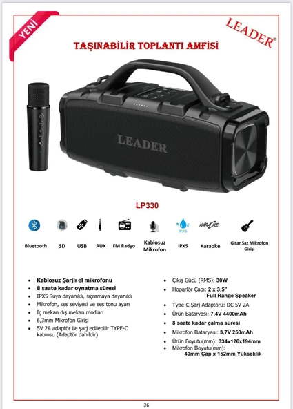 LEADER LP330 IPX5 Bluetooth SD USB AUX FM Radyo Kablosuz Mikrofon TAŞINABİLİR TOPLANTI AMFİSİ - 2