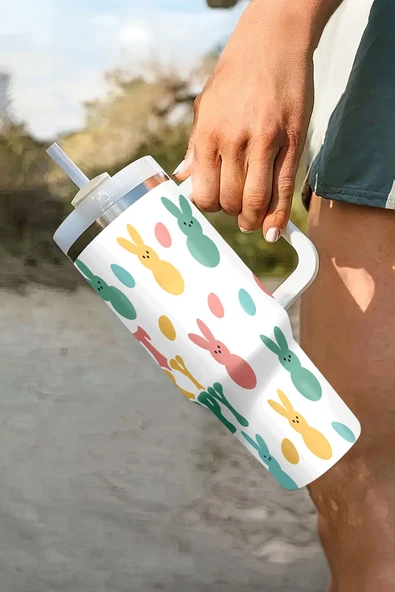 Tavşan Desenli Termal Bardak - 40oz (Beyaz) - 4