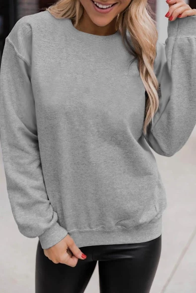 Kadın Bisiklet Yaka Uzun Kollu Sweatshirt (Gri)
