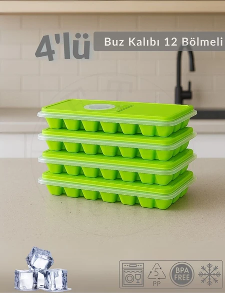 4'lü Set Buz Kalıbı 12 Bölmeli Esnek Silikon Buz Küpü BPA FREE Kare Bas Parmak Buzluk 3x3 Yeşil