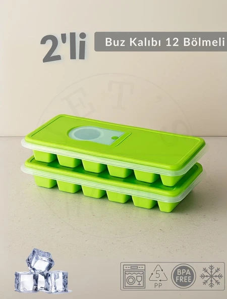 2'li Set Buz Kalıbı 12 Bölmeli Esnek Silikon Buz Küpü BPA FREE Kare Bas Parmak Buzluk 3x3 Yeşil