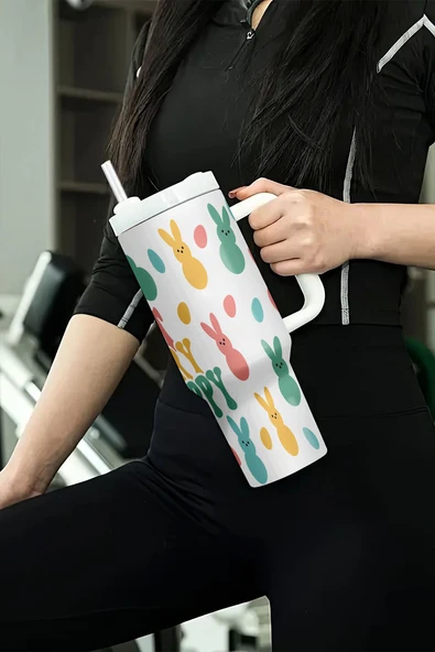Tavşan Desenli Termal Bardak - 40oz (Beyaz) - 6