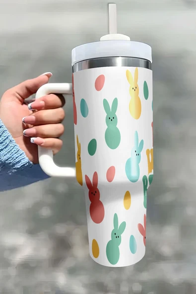 Tavşan Desenli Termal Bardak - 40oz (Beyaz) - 2