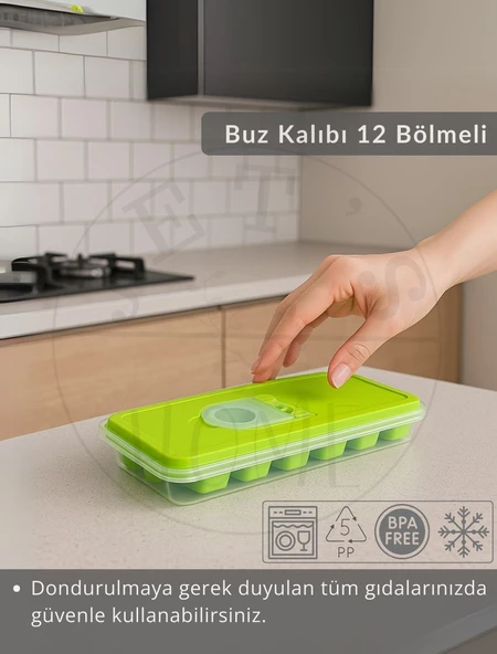 2'li Set Buz Kalıbı 12 Bölmeli Esnek Silikon Buz Küpü BPA FREE Kare Bas Parmak Buzluk 3x3 Yeşil - 3
