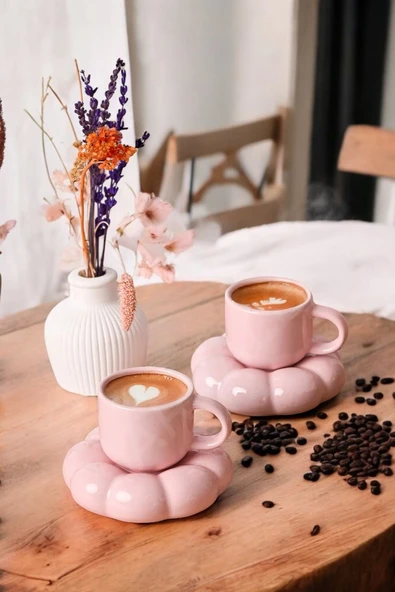 Mithra Life 2 Adet 95 ML Papatya Şekilli Seramik Pembe Türk Kahvesi Fincan Takımı MIT1159