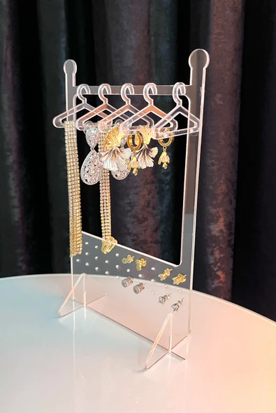 Şeffaf Pleksi Takı Standı – 5 Askılı Küpe ve Takı Organizeri (14-22 cm)