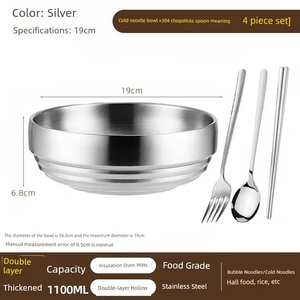 Kore Usulü Bibimbap Kasesi 19cm Gümüş - Çatal, Kaşık ve Çubuklu