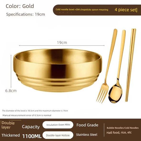 Kore Usulü Bibimbap Kasesi 19cm Altın - Çatal, Kaşık ve Çubuklu