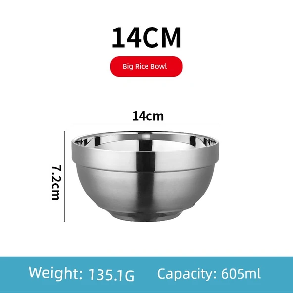 304 Paslanmaz Çelik Çift Katmanlı Yalıtımlı Kase - 14cm Büyük Pirinç Kasesi
