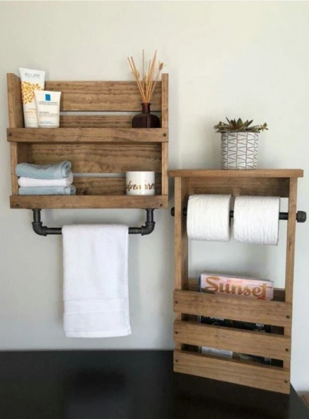 KUZELA  Ahşap Çok Amaçlı Banyo Raflı Havlu Askılık ve Tuvalet Kağıdı Stand