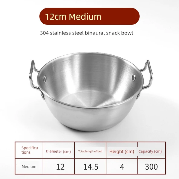 304 Paslanmaz Çelik Kulplu Anında Noodle Kasesi - 12cm Gümüş