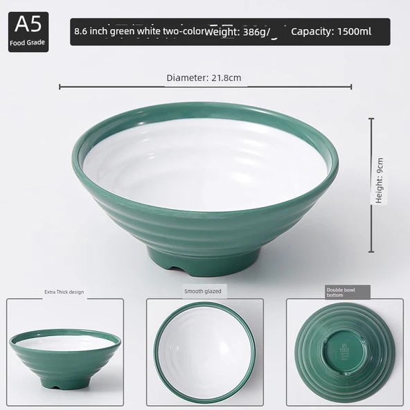 Çift Renkli Melamin Noodle Çorba Kasesi - 21.8 cm - Yeşil Beyaz