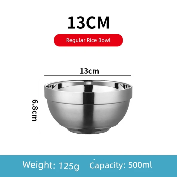 304 Paslanmaz Çelik Çift Katmanlı Yalıtımlı Kase - 13cm Standart Pirinç Kasesi