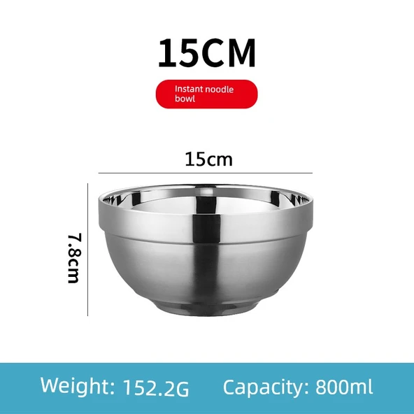 304 Paslanmaz Çelik Çift Katmanlı Yalıtımlı Kase - 15cm Yuvarlak Kek Erişte Kasesi