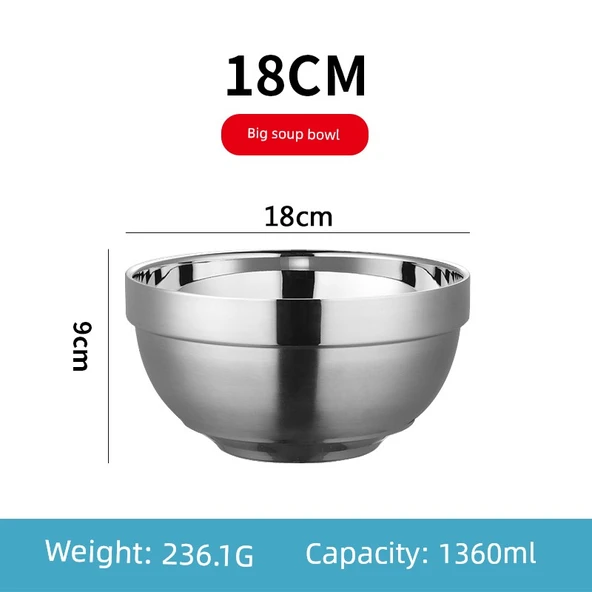 304 Paslanmaz Çelik Çift Katmanlı Yalıtımlı Kase - 18cm Büyük Yemek Kasesi - 1