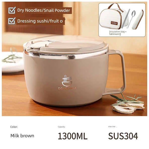 Paslanmaz Çelik Hazır Noodle Kasesi - Süt Kahverengi Büyük Boy + Sofra Seti + Yalıtım Çantası