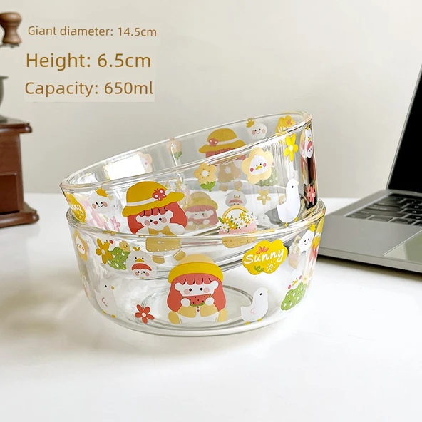 Çizgi Film Desenli Cam Kase - Yuvarlak Model 2 - 650ml