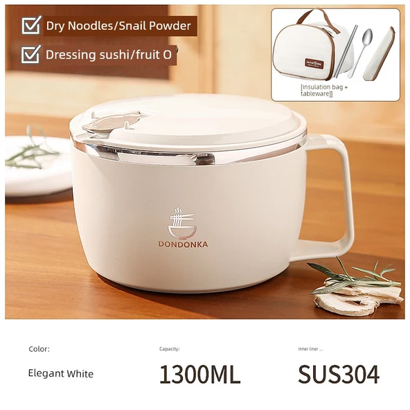 Paslanmaz Çelik Hazır Noodle Kasesi - Beyaz Büyük Boy + Sofra Seti + Yalıtım Çantası