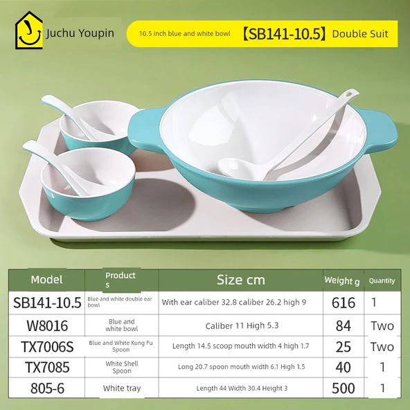 İskandinav Melamin Çift Kulplu Noodle Kasesi - Mavi ve Beyaz 10.5 inç (Çift Set)