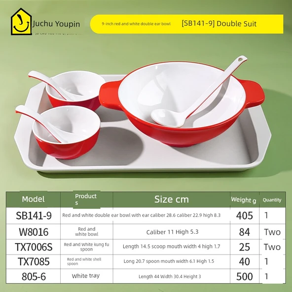İskandinav Melamin Çift Kulplu Noodle Kasesi - Kırmızı ve Beyaz 9 inç (Çift Set)