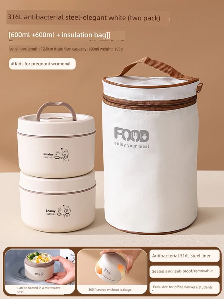 Çocuklar için Kapaklı Yalıtımlı Paslanmaz Çelik Kase - 316L Zarif Beyaz 600ml + 600ml Yalıtım Çantalı