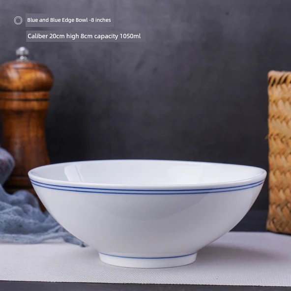 Retro Seramik Noodle Kasesi - 20.5cm - Mavi Kenarlı