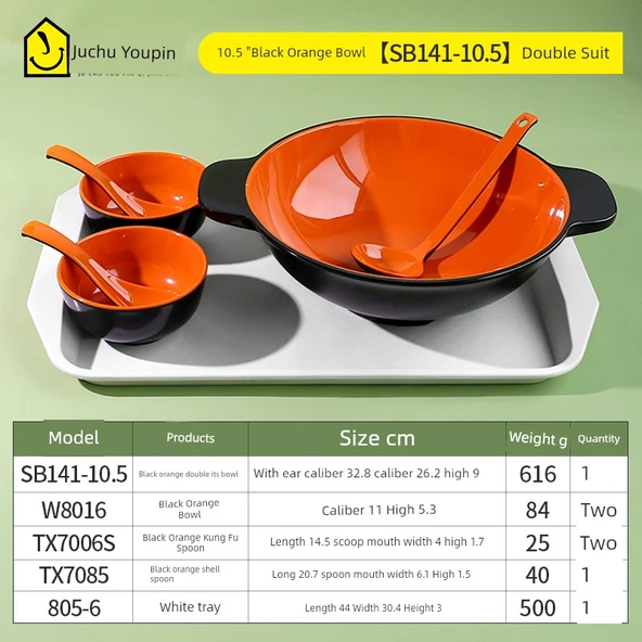 İskandinav Melamin Çift Kulplu Noodle Kasesi - Siyah Turuncu 10.5 inç (Çift Set)