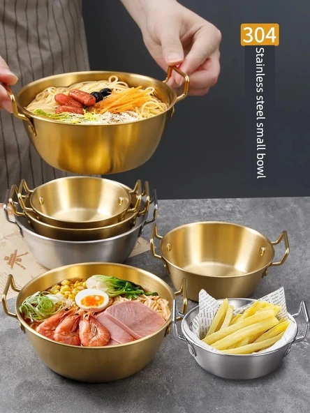304 Paslanmaz Çelik Kulplu Anında Noodle Kasesi - 16cm Altın - 8