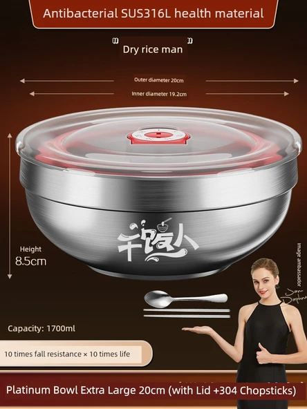 316L Paslanmaz Çelik Kapaklı, Çubuklu, Kaşıklı Çocuk Kasesi 20cm Ekstra Büyük (Kuru Yemek)