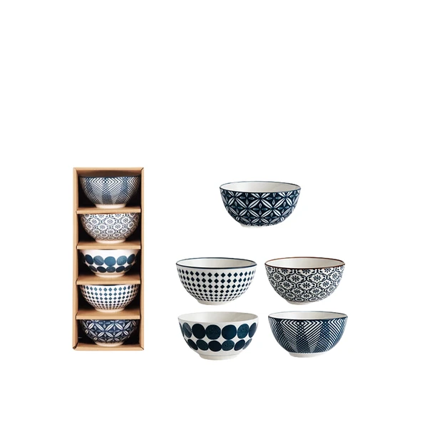 Japon Tarzı Seramik Kase Seti - 4.5 inç Mavi Sırlı Pirinç Kasesi (5'li Set)