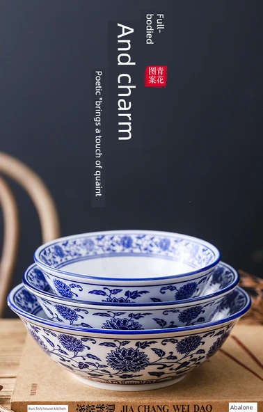 Porselen Noodle Kasesi - 7.5 inç Yüksek Ayaklı Altın Ejderha Kase - Resim 7