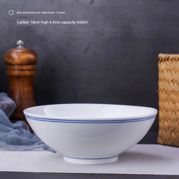 Retro Seramik Noodle Kasesi - 18cm - Mavi Kenarlı