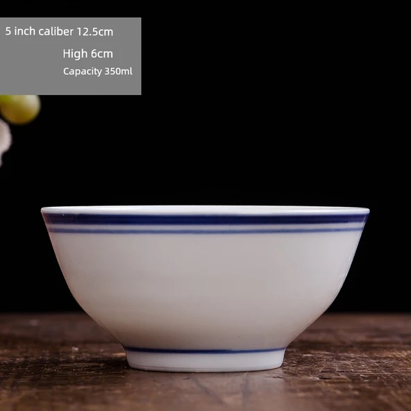 El Yapımı Retro Seramik Noodle Kasesi - 12cm - Mavi Kenarlı