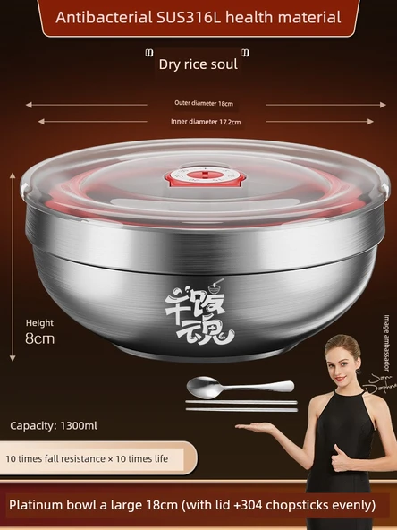 316L Paslanmaz Çelik Kapaklı, Çubuklu, Kaşıklı Çocuk Kasesi 18cm Büyük Boy (Pilav Tutkunu)
