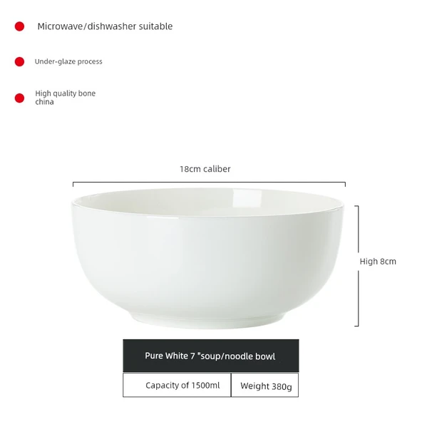 Jingdezhen Saf Beyaz Seramik Noodle Kasesi - 7 inç