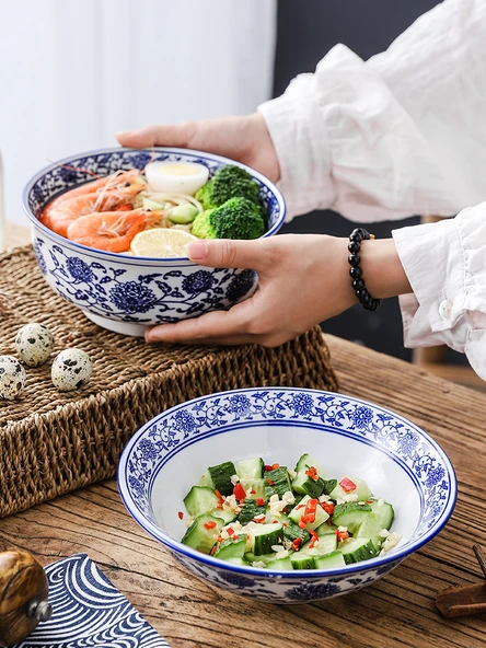 Porselen Noodle Kasesi - 9 inç Ming Tarzı Yüksek Ayaklı Kase - 2