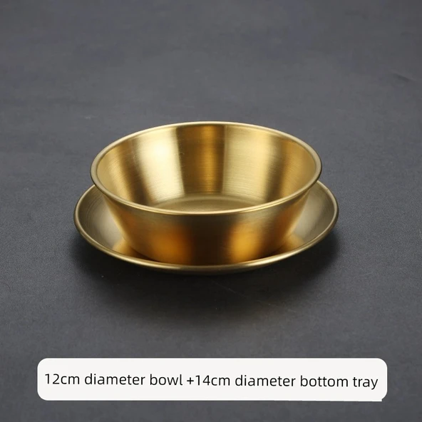 Kore Tarzı Paslanmaz Çelik Yemek Kasesi - Altın 12cm Kase + 14cm Tabak