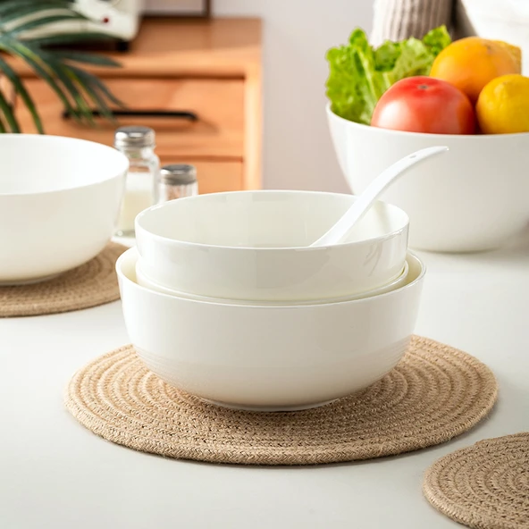 Jingdezhen Saf Beyaz Seramik Noodle Kasesi - 7 inç + 8 inç