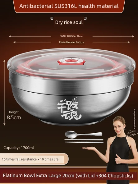 316L Paslanmaz Çelik Kapaklı, Çubuklu, Kaşıklı Çocuk Kasesi 20cm Ekstra Büyük (Pilav Tutkunu)