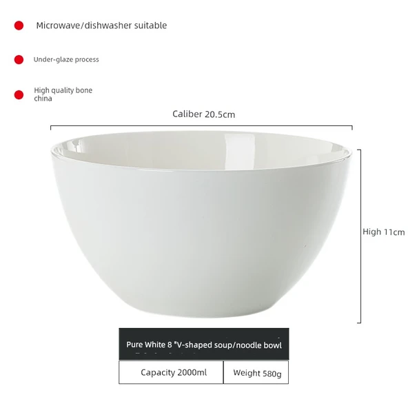 Jingdezhen Saf Beyaz Seramik Noodle Kasesi - 8 inç V Şekilli Büyük Boy