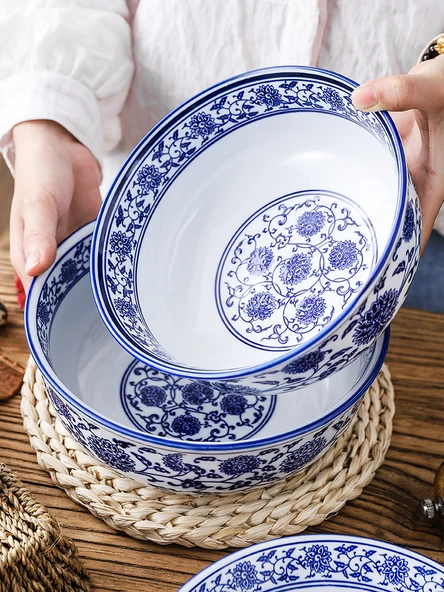 Porselen Noodle Kasesi - 9 inç Dış Desenli Kase - 5