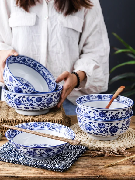 Porselen Noodle Kasesi - 9 inç Dış Desenli Kase - 6