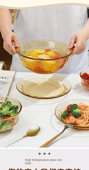 Amber Cam Tabak - Xibi 0421 Düz Açık Altın Cam Tabak - Resim 8