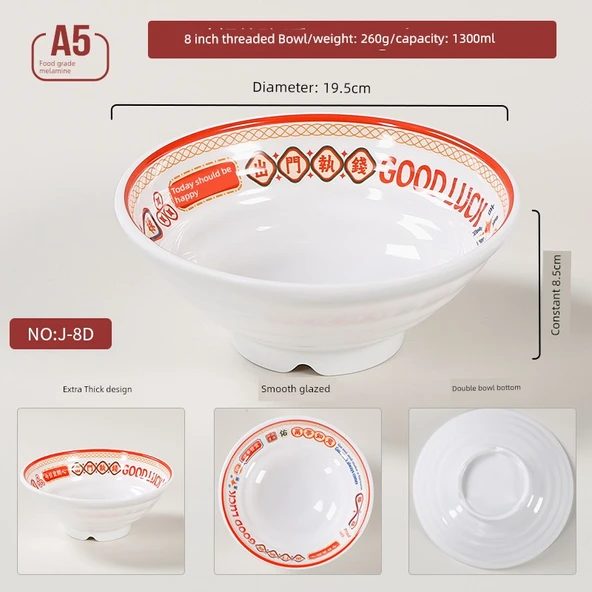 Melamin Noodle Kasesi - 8 inç Dişli Kase (Temperli Yüksek Isıya Dayanıklı)