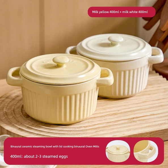 Seramik Buharda Yumurta Kasesi - 2'li Paket - Karışık Renk (Süt Sarısı + Süt Beyazı) - 400ml