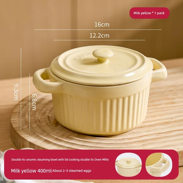 Seramik Buharda Yumurta Kasesi - Süt Sarısı - Çift Kulplu - 400ml