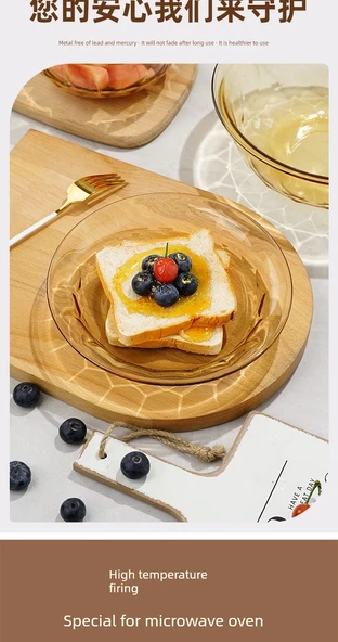 Amber Cam Tabak - Xibi 0421 Düz Açık Altın Cam Tabak - Resim 9