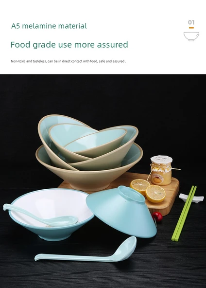 Melamin Yağmur Şapkası Şeklinde Noodle Ramen Kasesi - Mavi Beyaz PRL-7 [7 inç] + Kaşık 7008 - 7